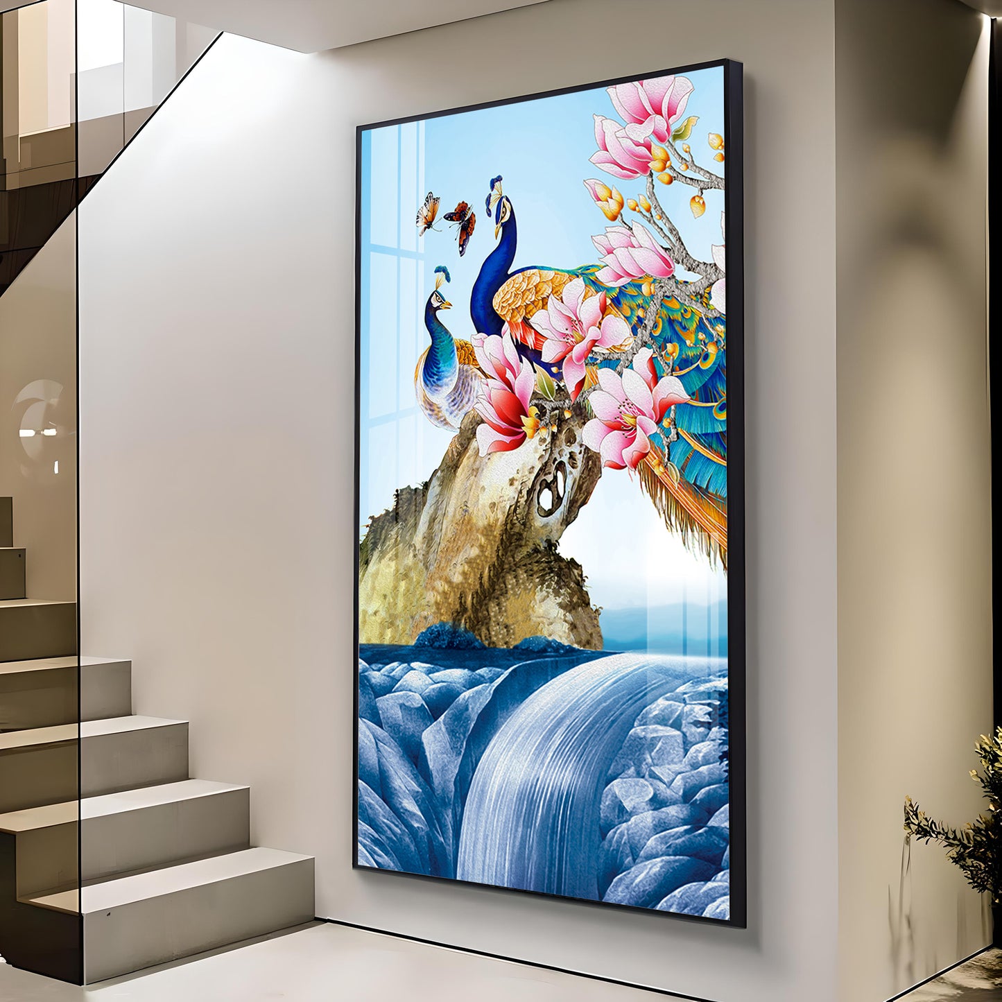 Peacock Amidst Floral Waters Glass Finish Vertical Wall Art