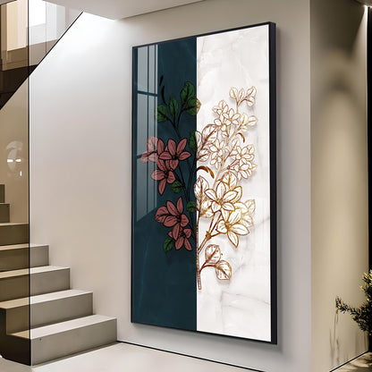 Dual Floral Marble Glass Finish Vertical Wall Art