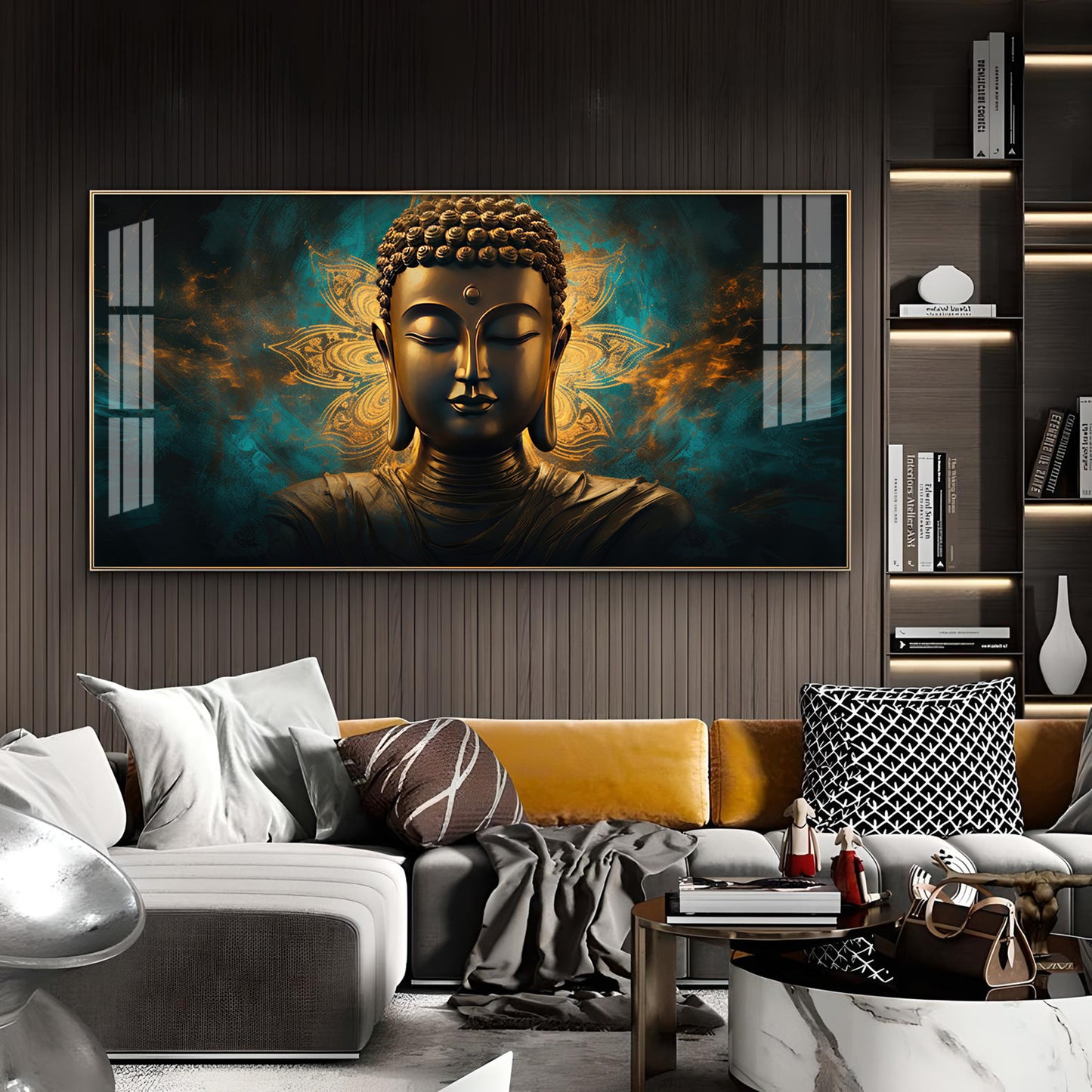 Lord Buddha Golden Glass Finish Horizontal Wall Art