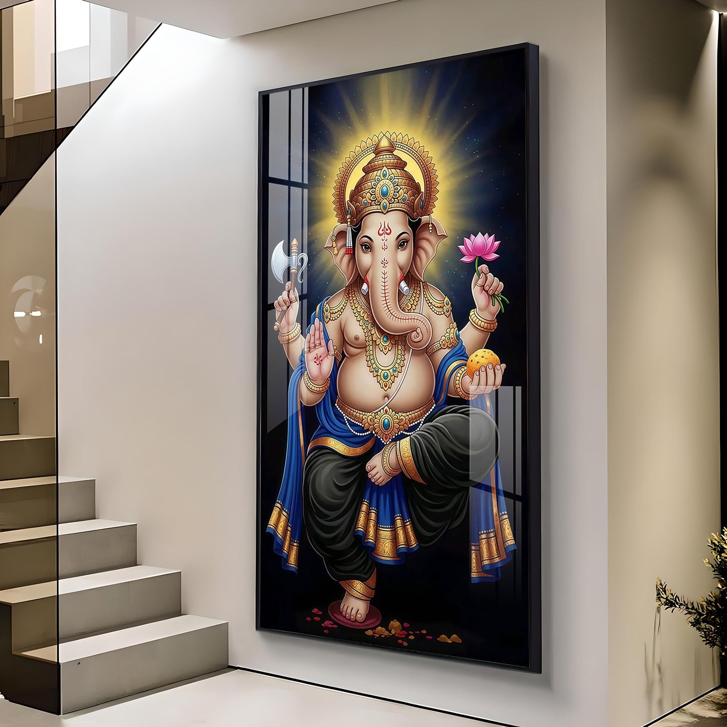 Om Gan Ganpataye Glass Finish Vertical Wall Art