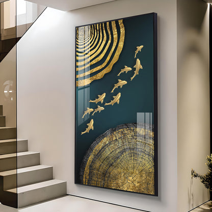 Luminous Fish Dance Glass Finish Vertical Wall Art