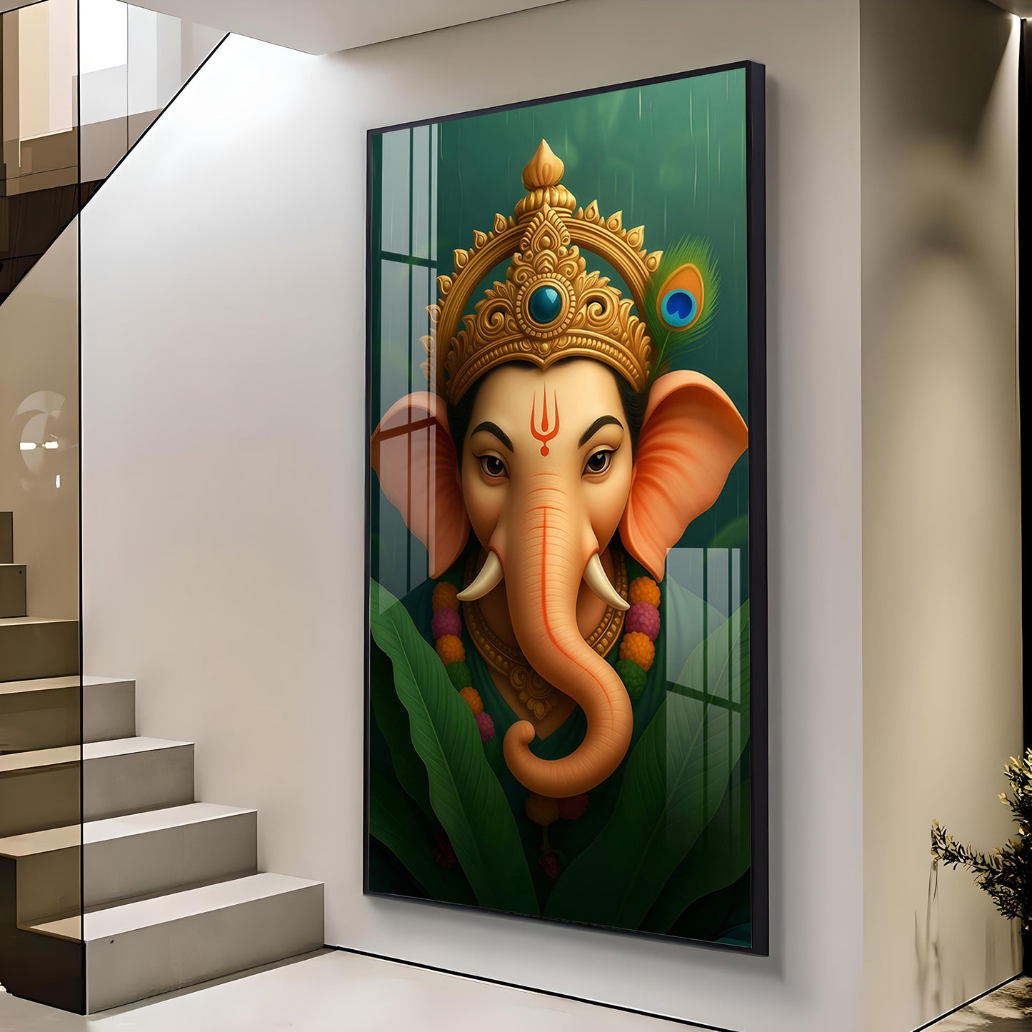 Vibrant Lord ganesha Artwork Glass Finish Vertical Wall Art