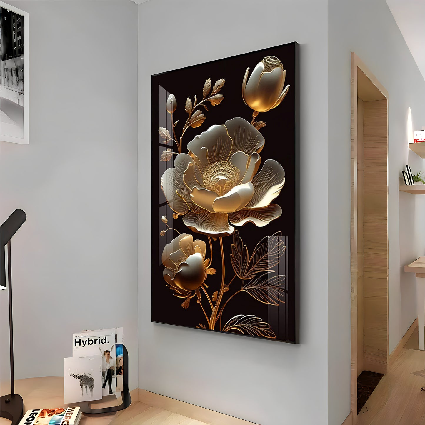 Midnight Floral Symphony Glass Finish Vertical Wall Art