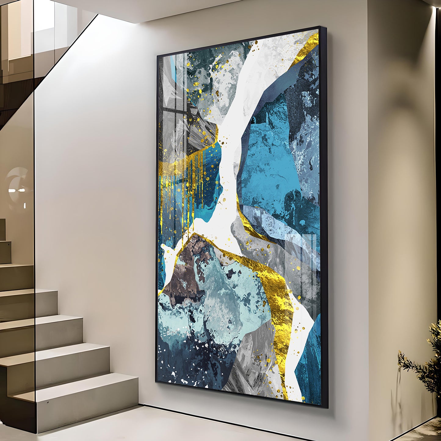 Gold and Blue Abstraction Glass Finish Vertical Wall Art