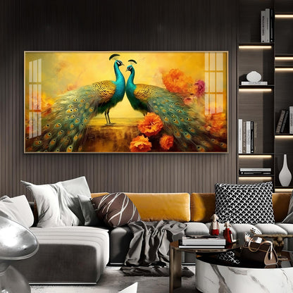 Peacocks With Flower Background Glass Finish Horizontal Wall Art