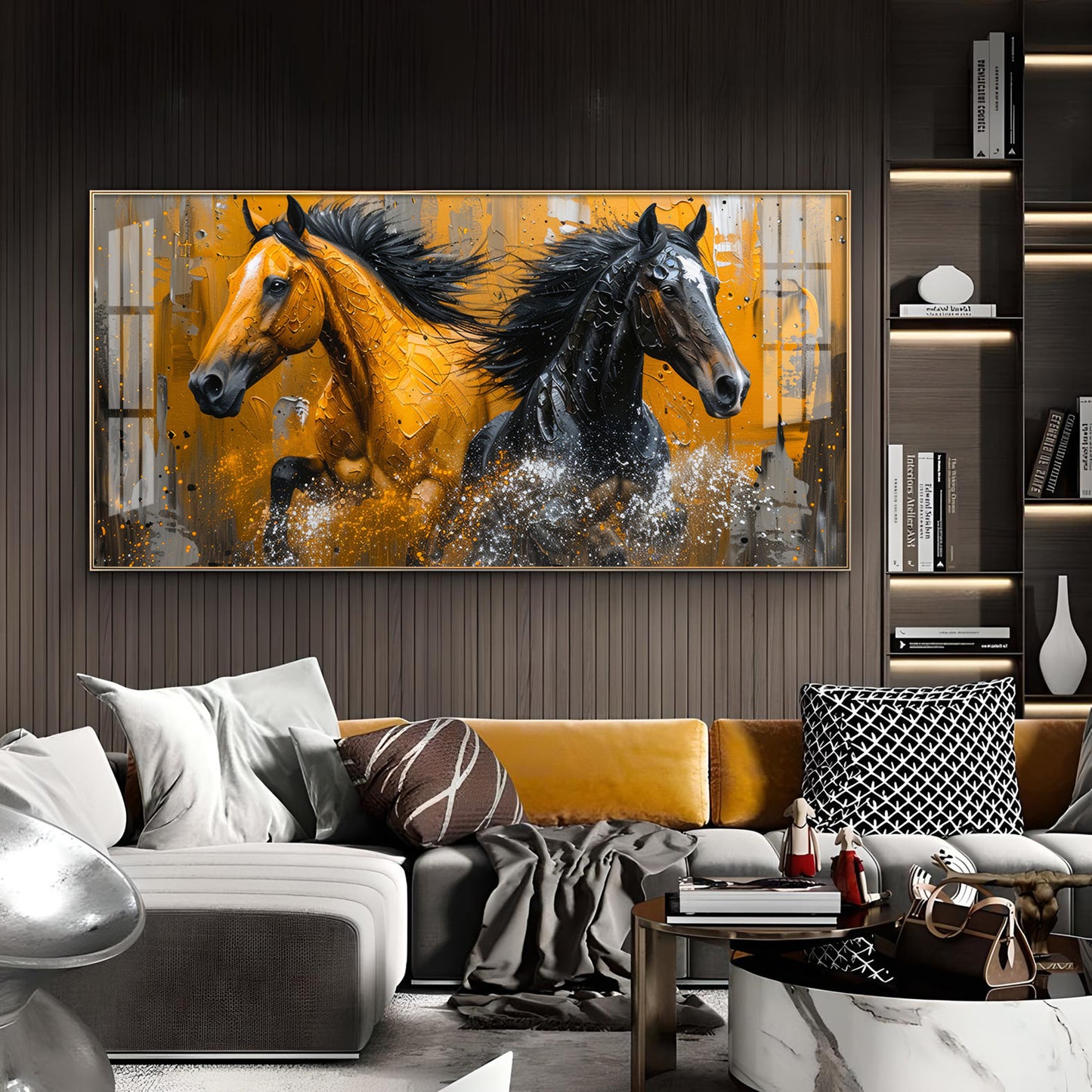 Two Horses Glass Finish Horizontal Wall Art