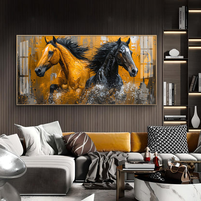 Two Horses Glass Finish Horizontal Wall Art