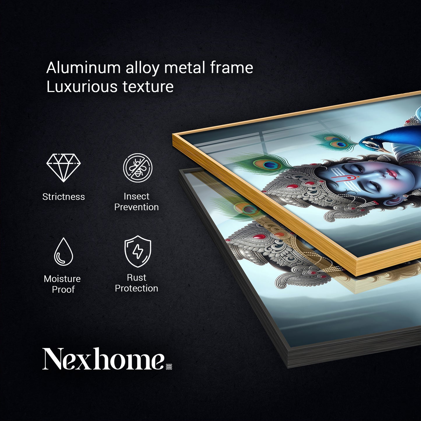 Baby Krishna With Peacock Glass Finish Square Wall Art