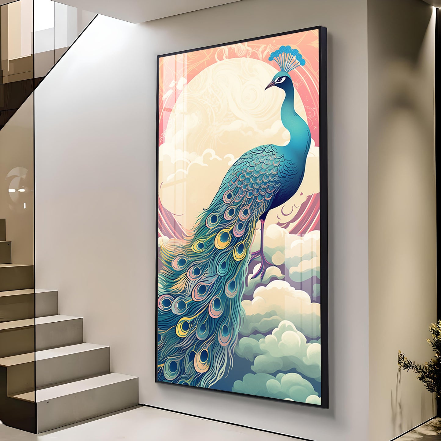 Heavenly Peacock Vista Glass Finish Vertical Wall Art