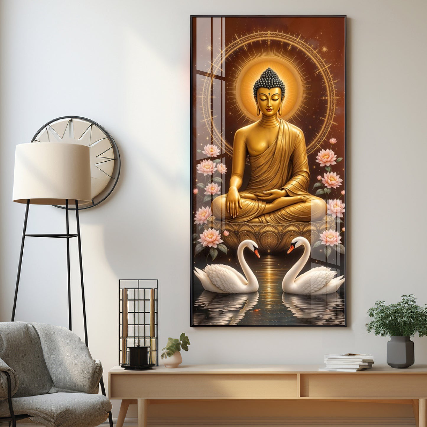 Meditating Budha With Swarn Glass Finish Vertical Wall Art