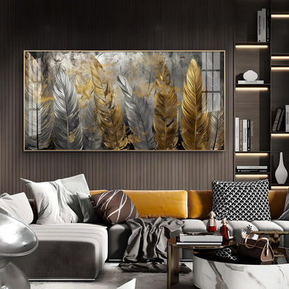 Golden And Silver Feather Glass Finish Horizontal Wall Art