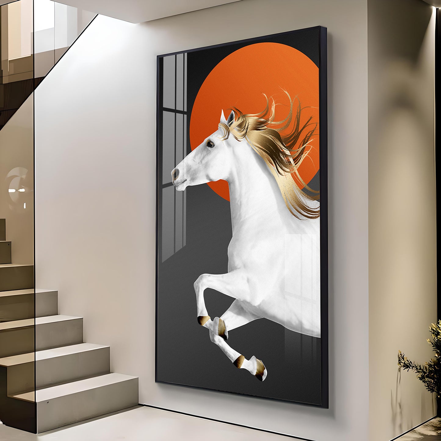 Jumping Horse With Blond Glass Finish Vertical Wall Art