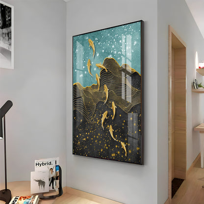 Black Gold Aquatic Fish Glass Finish Vertical Wall Art