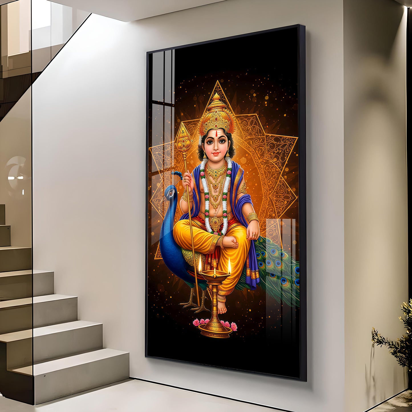 Divine Lord Murugan Ji Glass Finish Vertical Wall Art