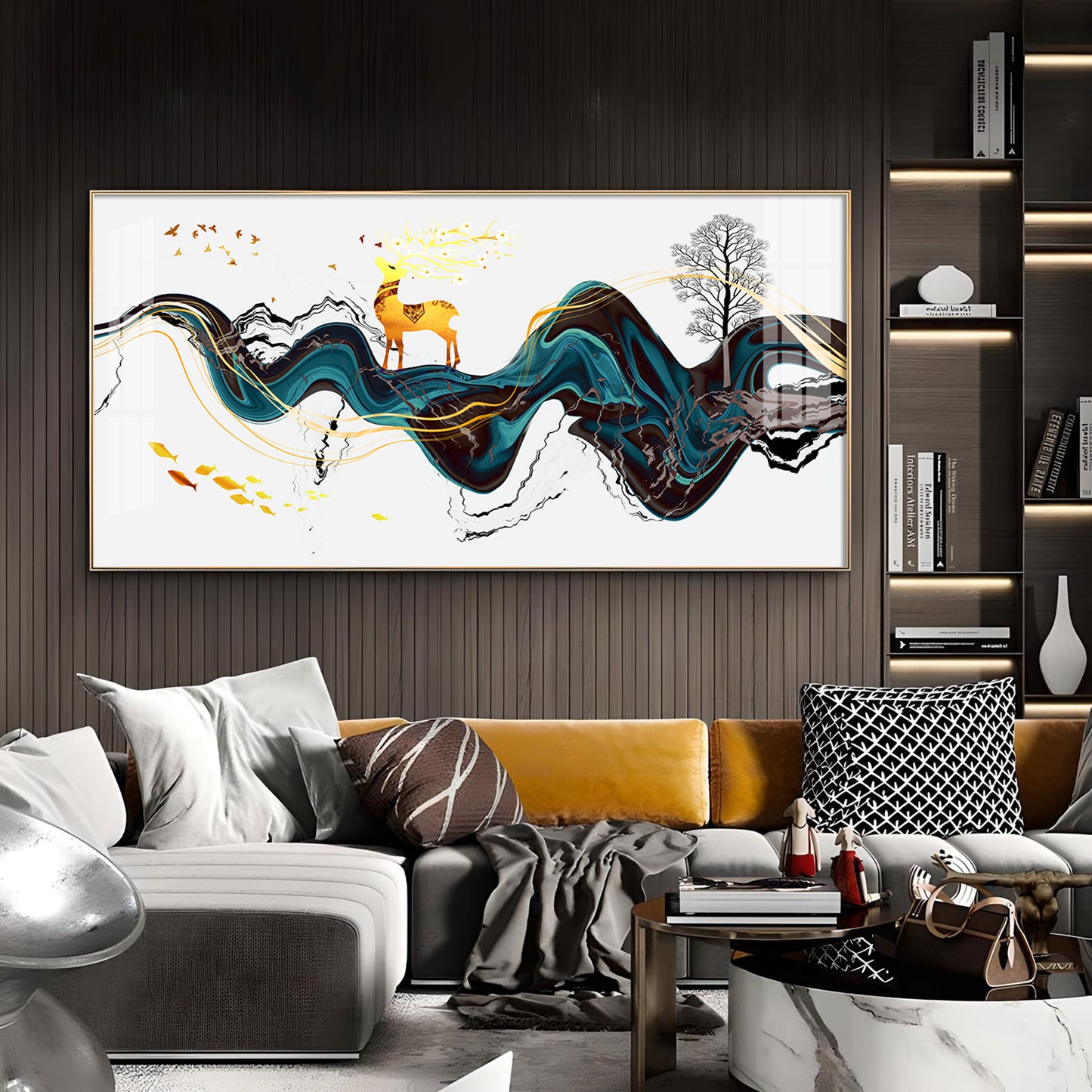 Golden Deer With Multi Color Floating Glass Finish Horizontal Wall Art