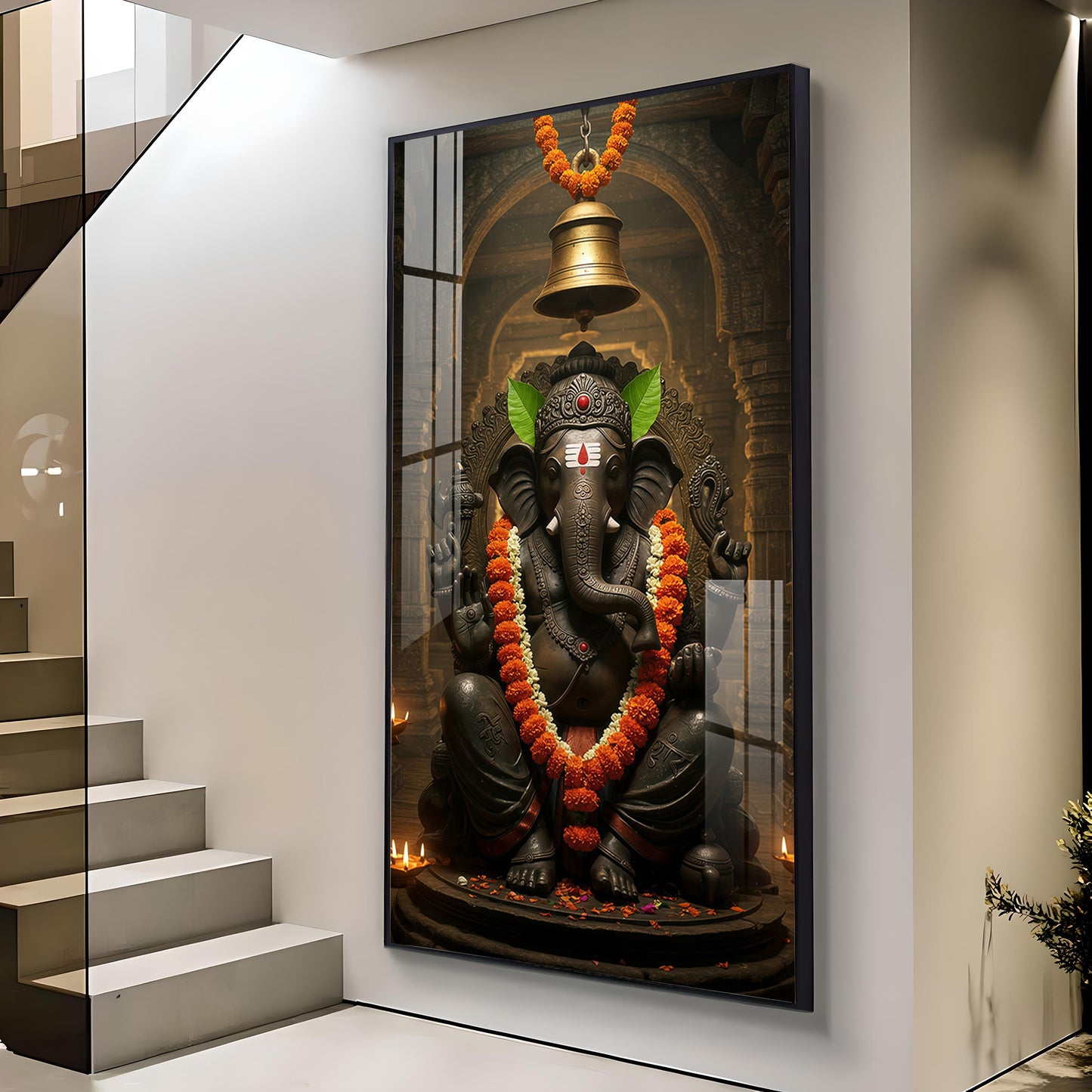 Lord Ganesh Blessing Glass Finish Vertical Wall Art