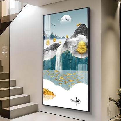 Painting of a Waterfall and Boat Glass Finish Vertical Wall Art