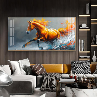 One Running Horse Glass Finish Horizontal Wall Art