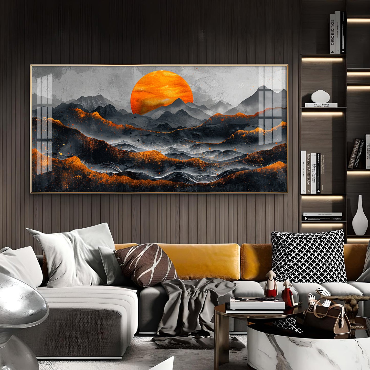 Sun Rise In Black Mountain Glass Finish Horizontal Wall Art