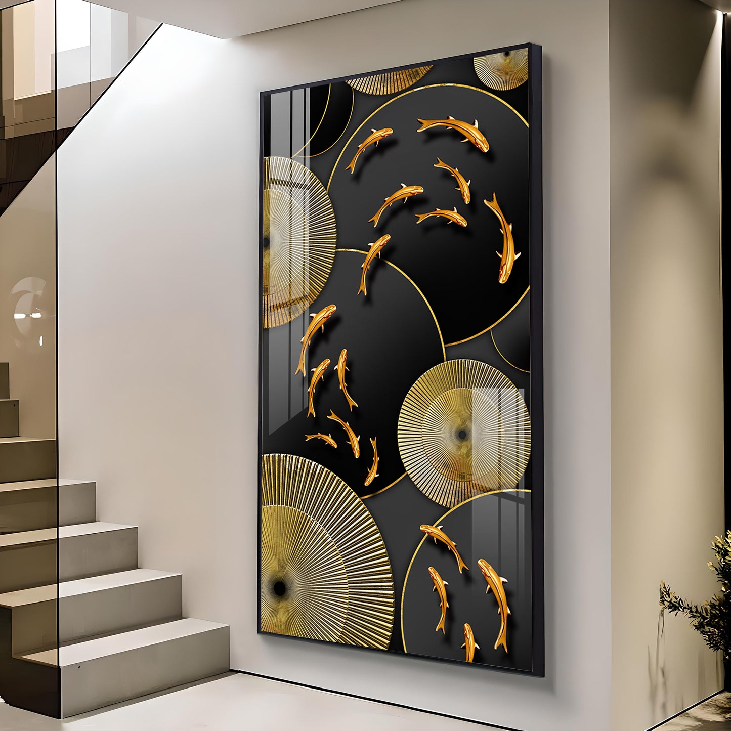 Goldfish Elegance Glass Finish Vertical Wall Art