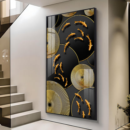 Goldfish Elegance Glass Finish Vertical Wall Art