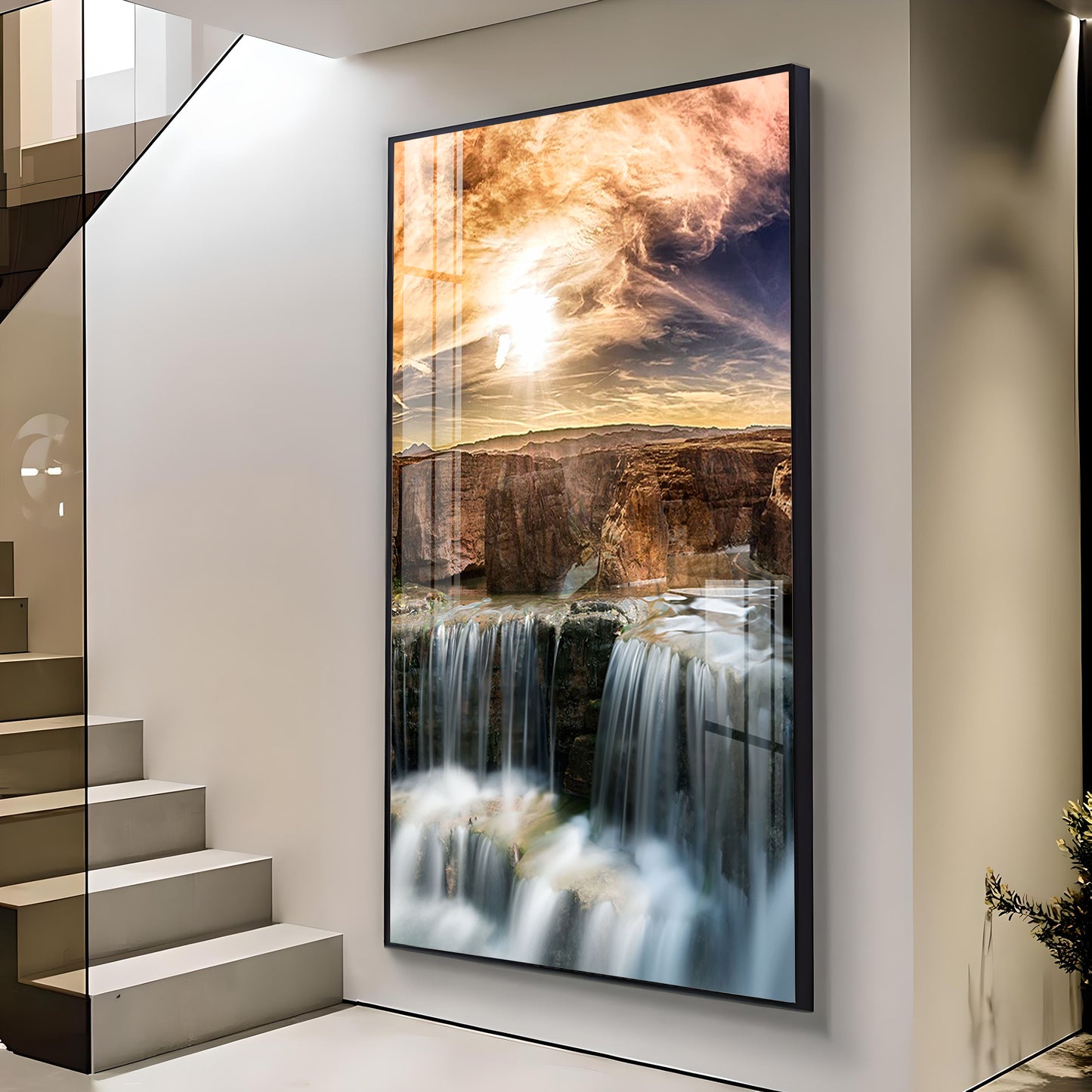 Dusk Over the Falls Glass Finish Vertical Wall Art