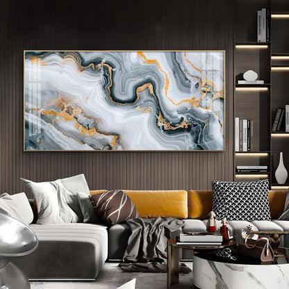 Modern Abstract Golden & Gray Glass Finish Horizontal Wall Art