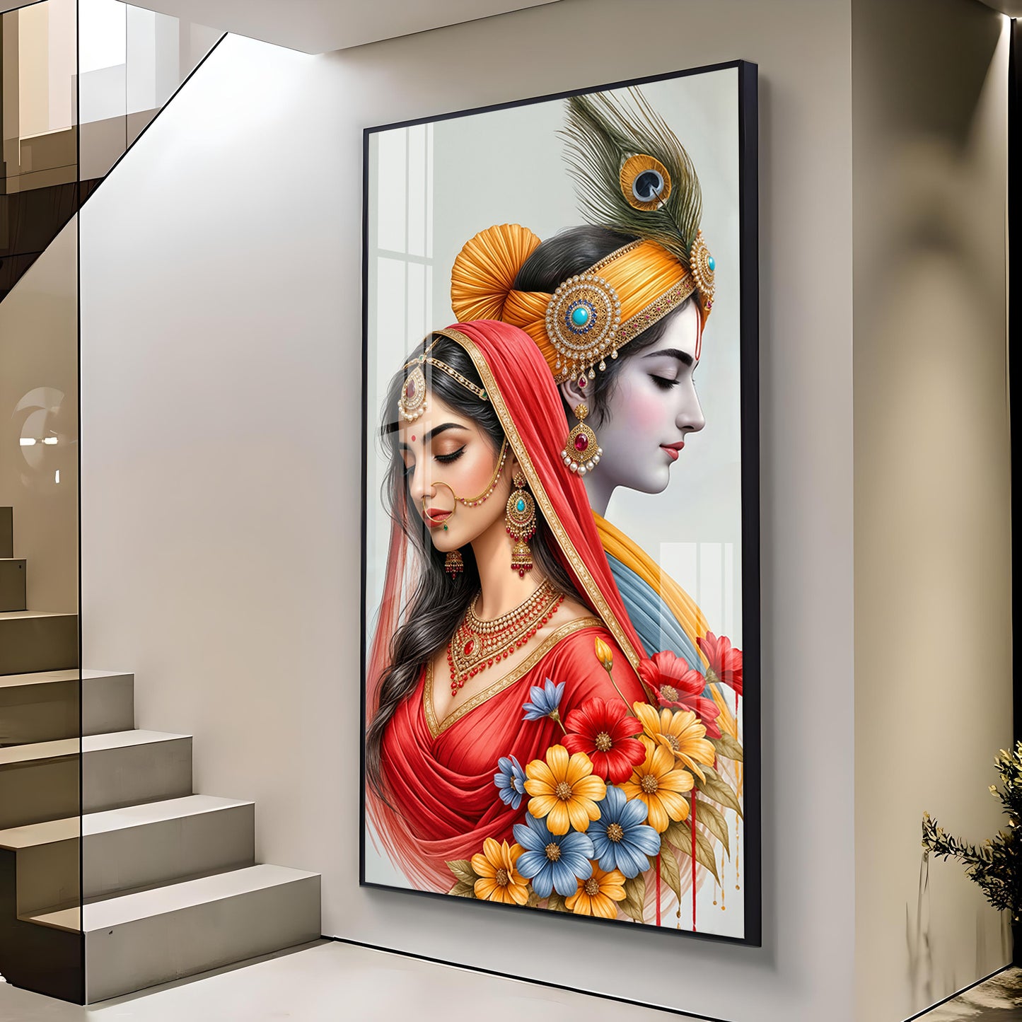Loving Radha Krishna Glass Finish Vertical Wall Art