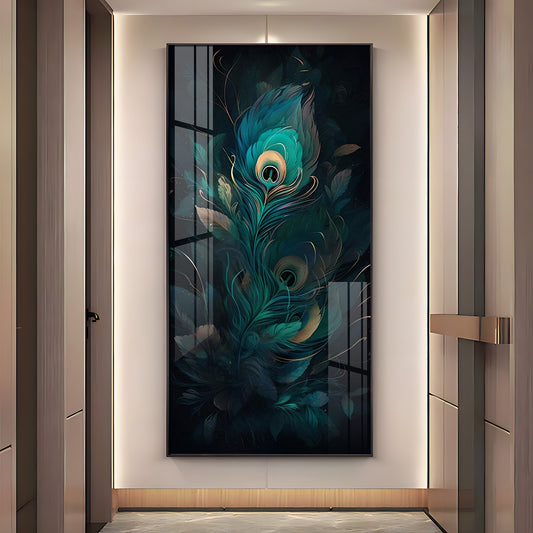 Peacock Feather Retreat Glass Finish Vertical Wall Art