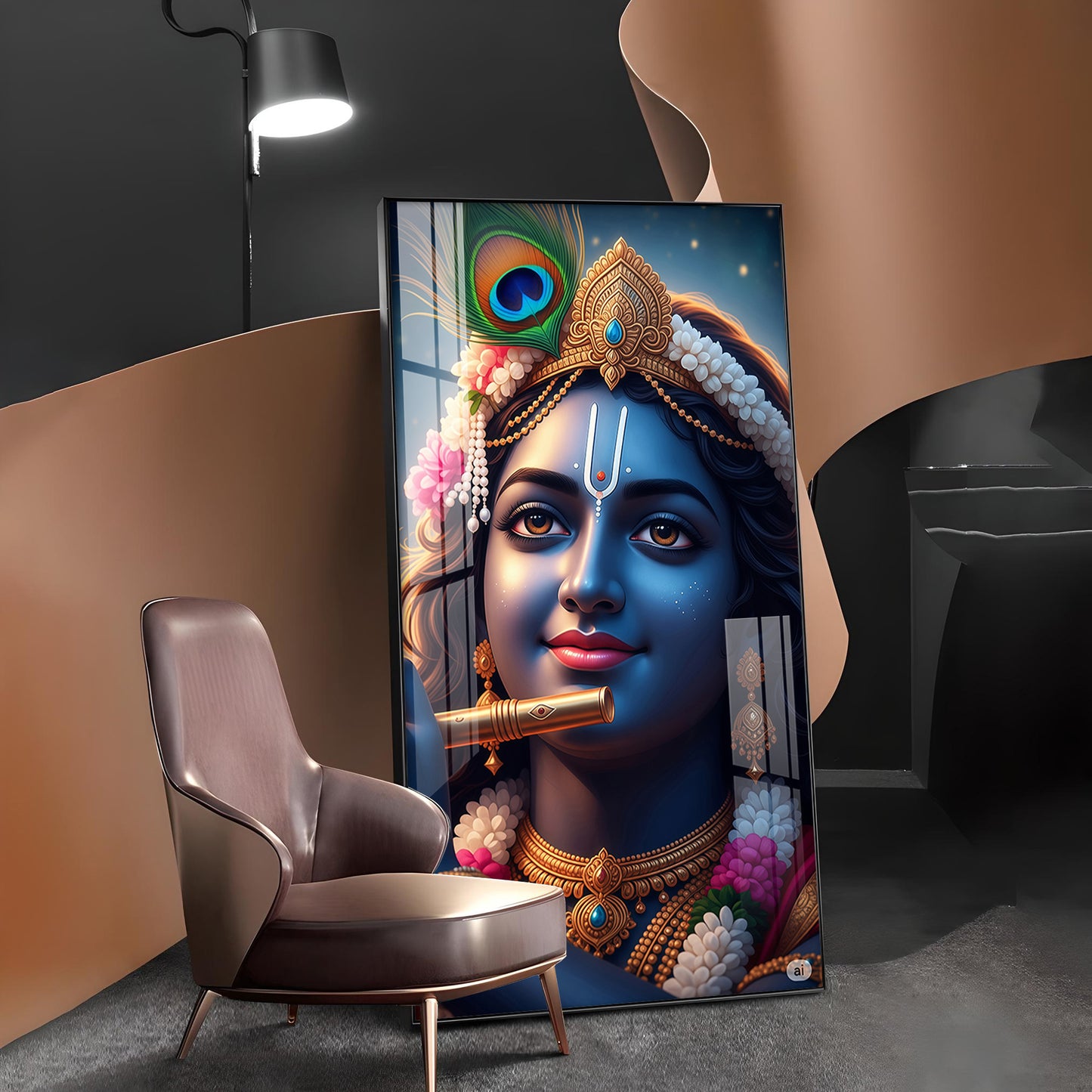 Krishna Flute Glass Finish Vertical Wall Art