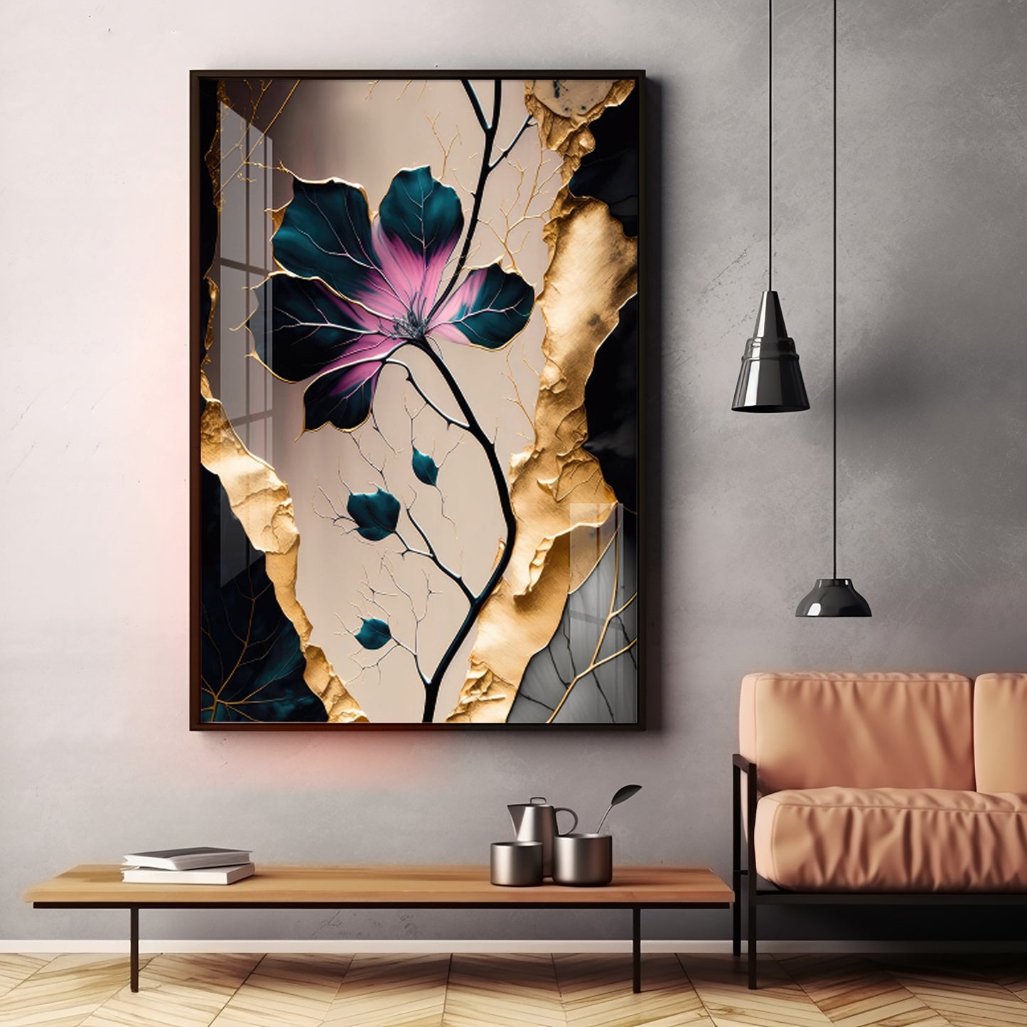 Noir Blossom Majesty Glass Finish Vertical Wall Art