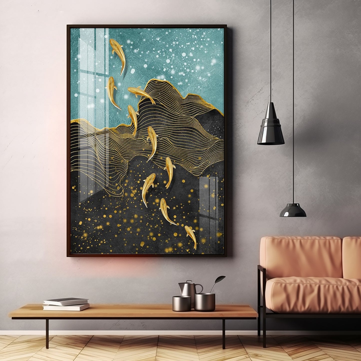 Black Gold Aquatic Fish Glass Finish Vertical Wall Art
