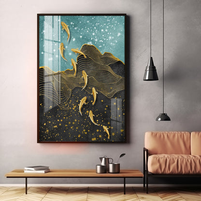 Black Gold Aquatic Fish Glass Finish Vertical Wall Art