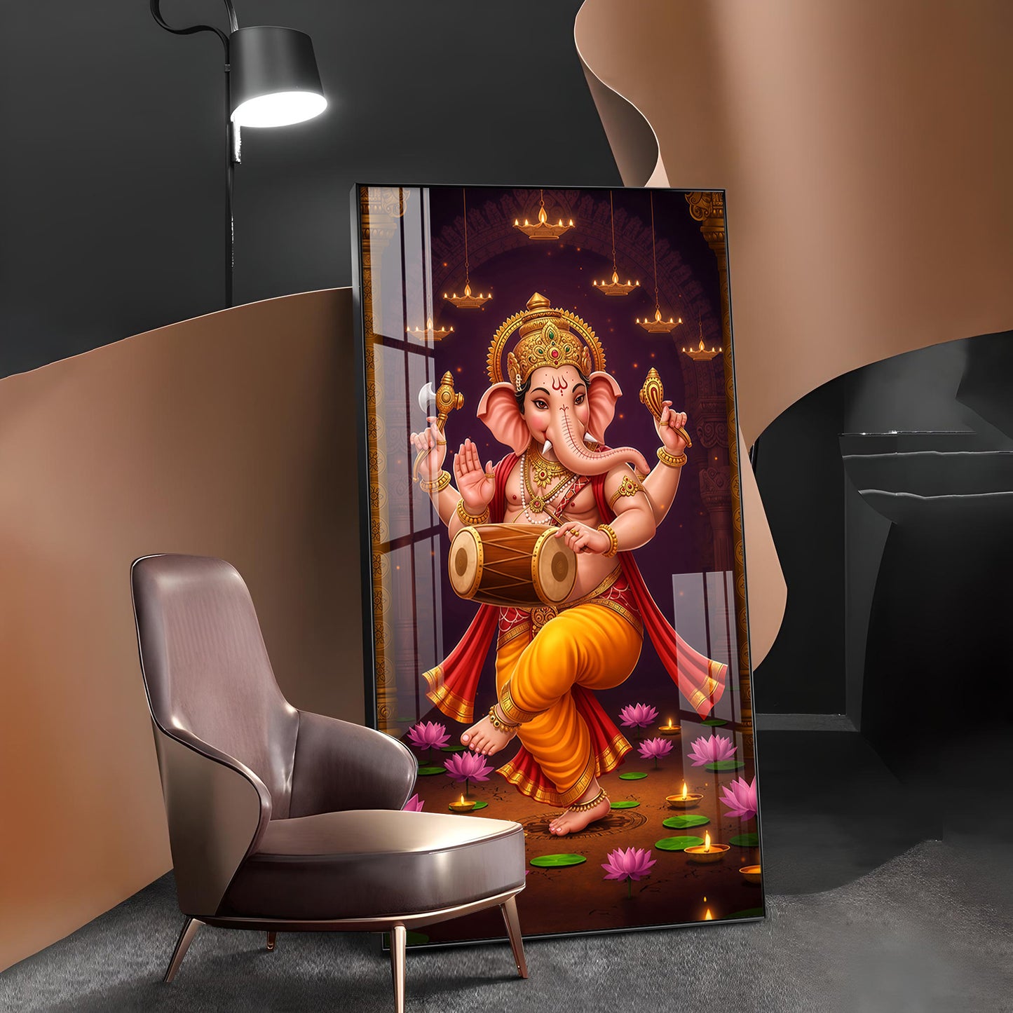 Hindu God Ganesh Glass Finish Vertical Wall Art