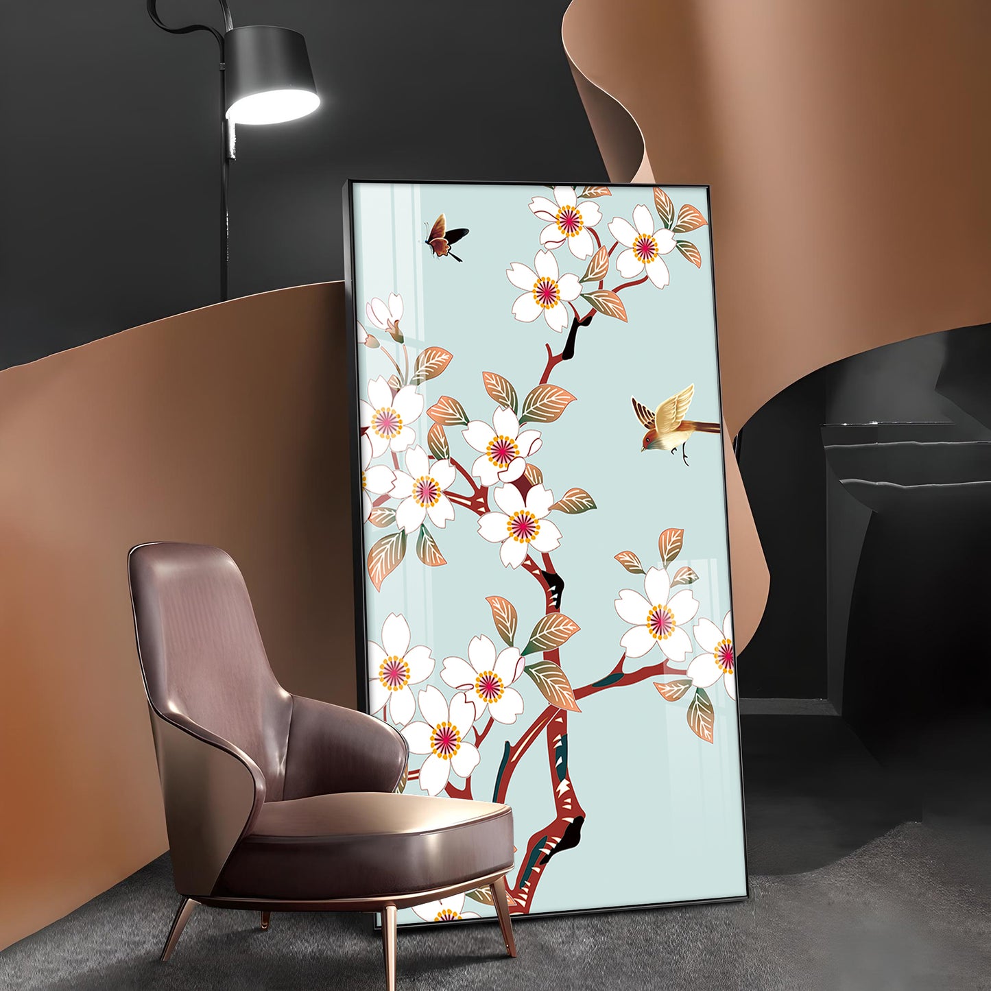 Avian Blossom Glass Finish Vertical Wall Art