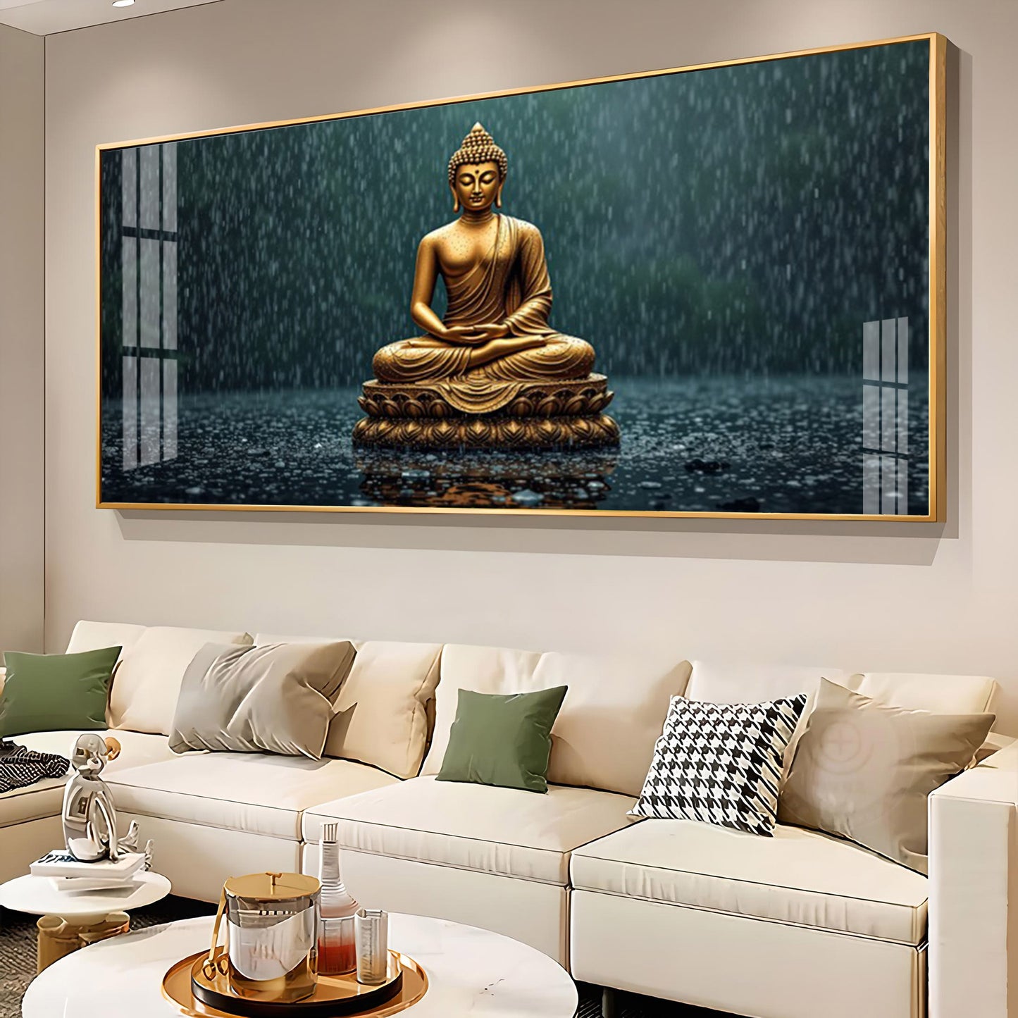 Golden Calm Budha Glass Finish Horizontal Wall Art
