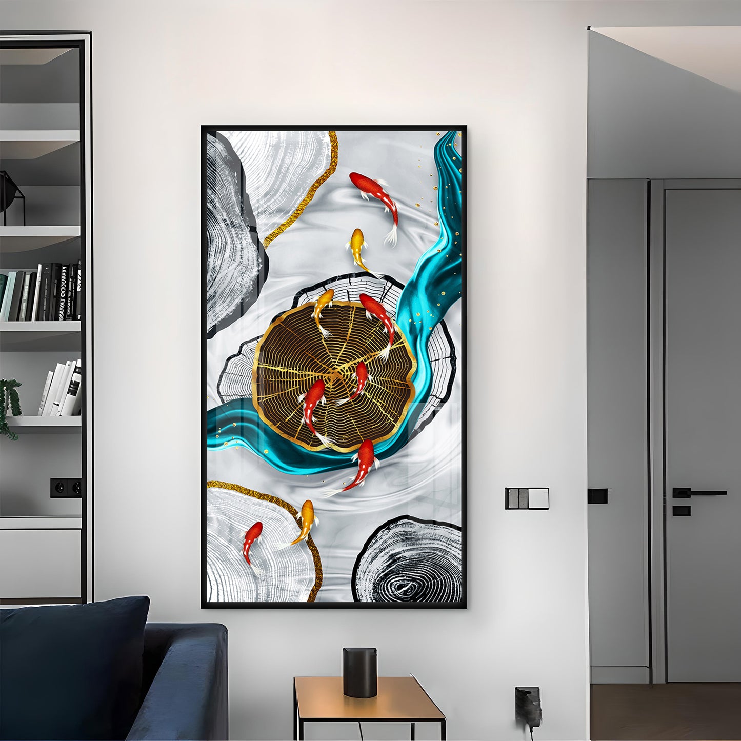 Tranquil Fish Pond Glass Finish Vertical Wall Art