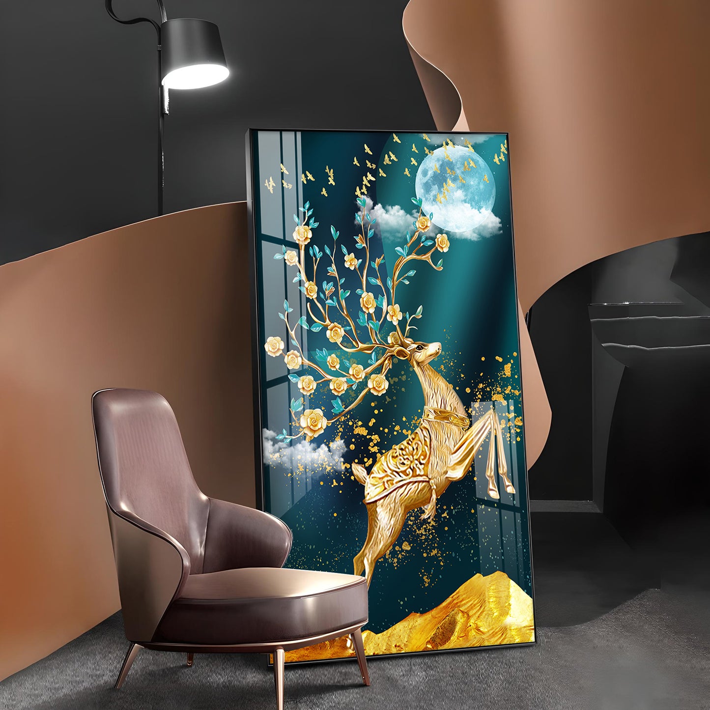 Golden Antlers and Blossoms Glass Finish Vertical Wall Art