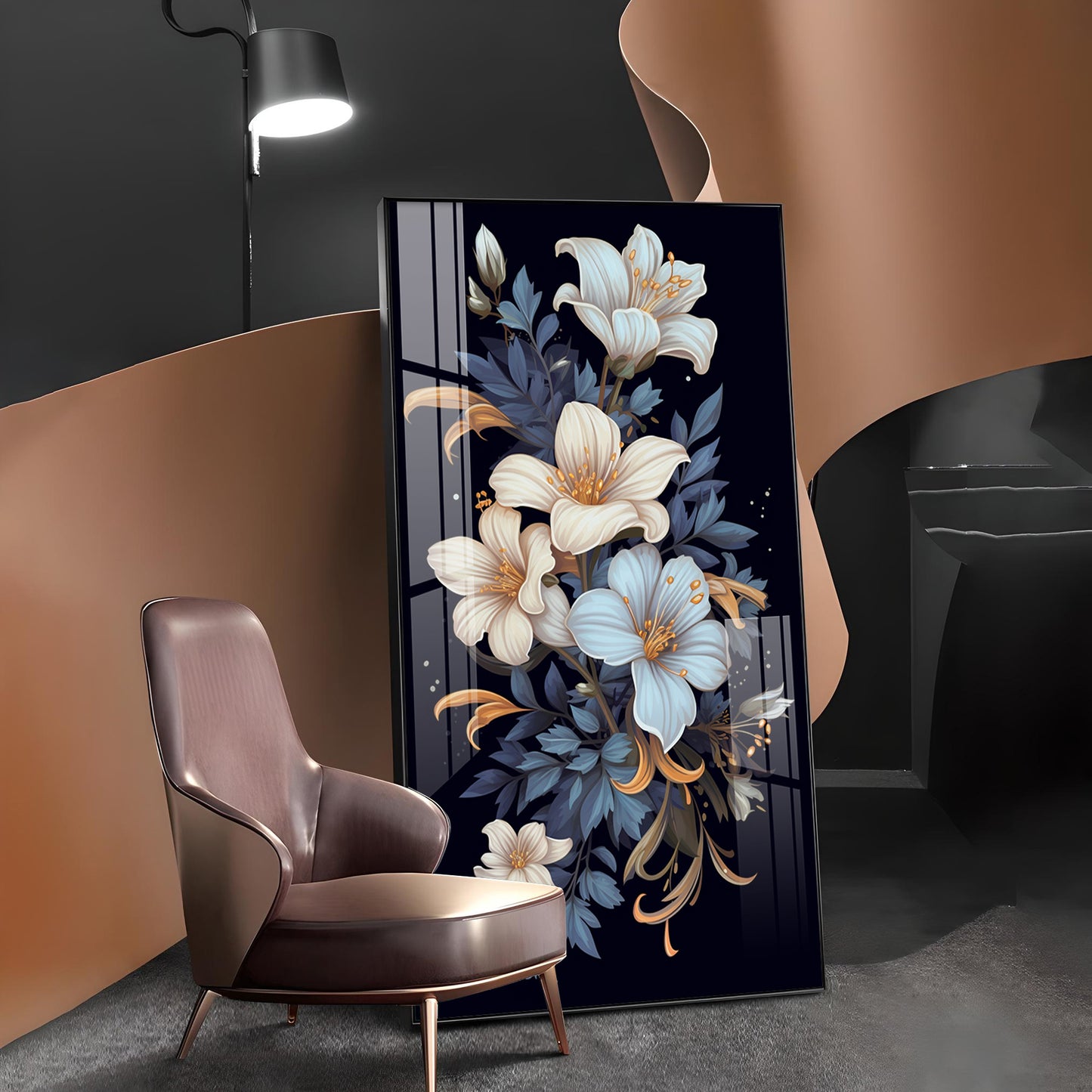 Obsidian Floral Glass Finish Vertical Wall Art