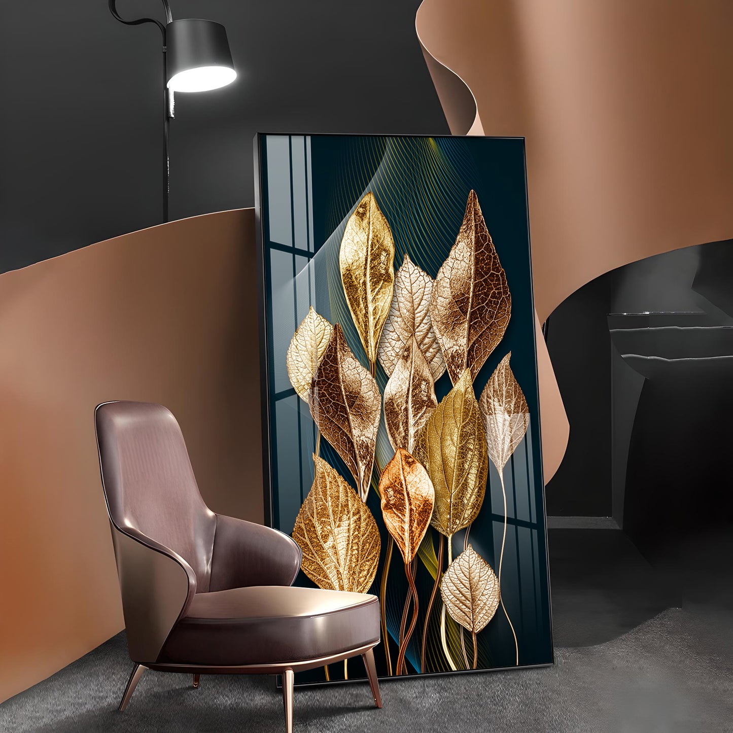 Golden Leafy Luxe Glass Finish Vertical Wall Art