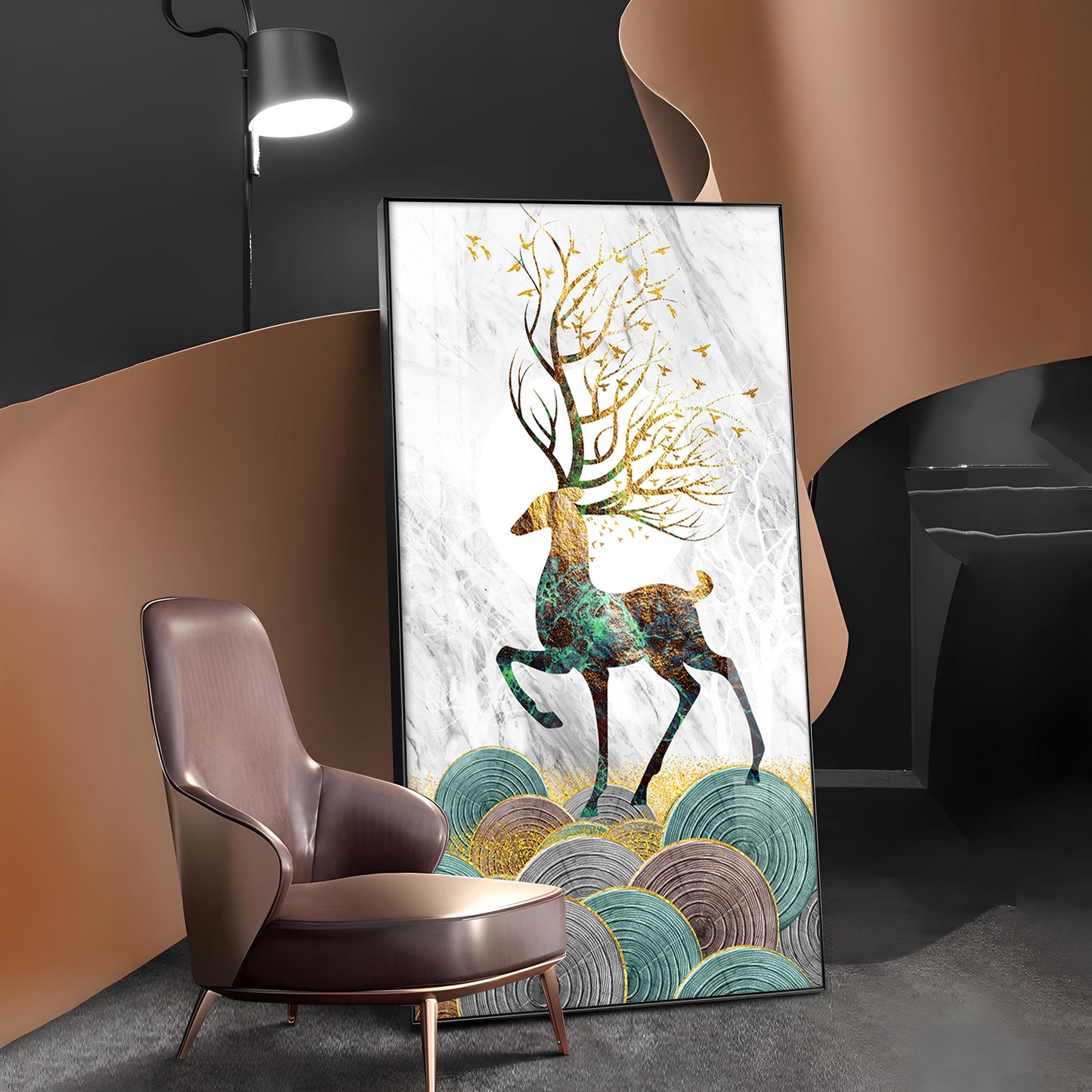 Deer and Its Branches Glass Finish Vertical Wall Art