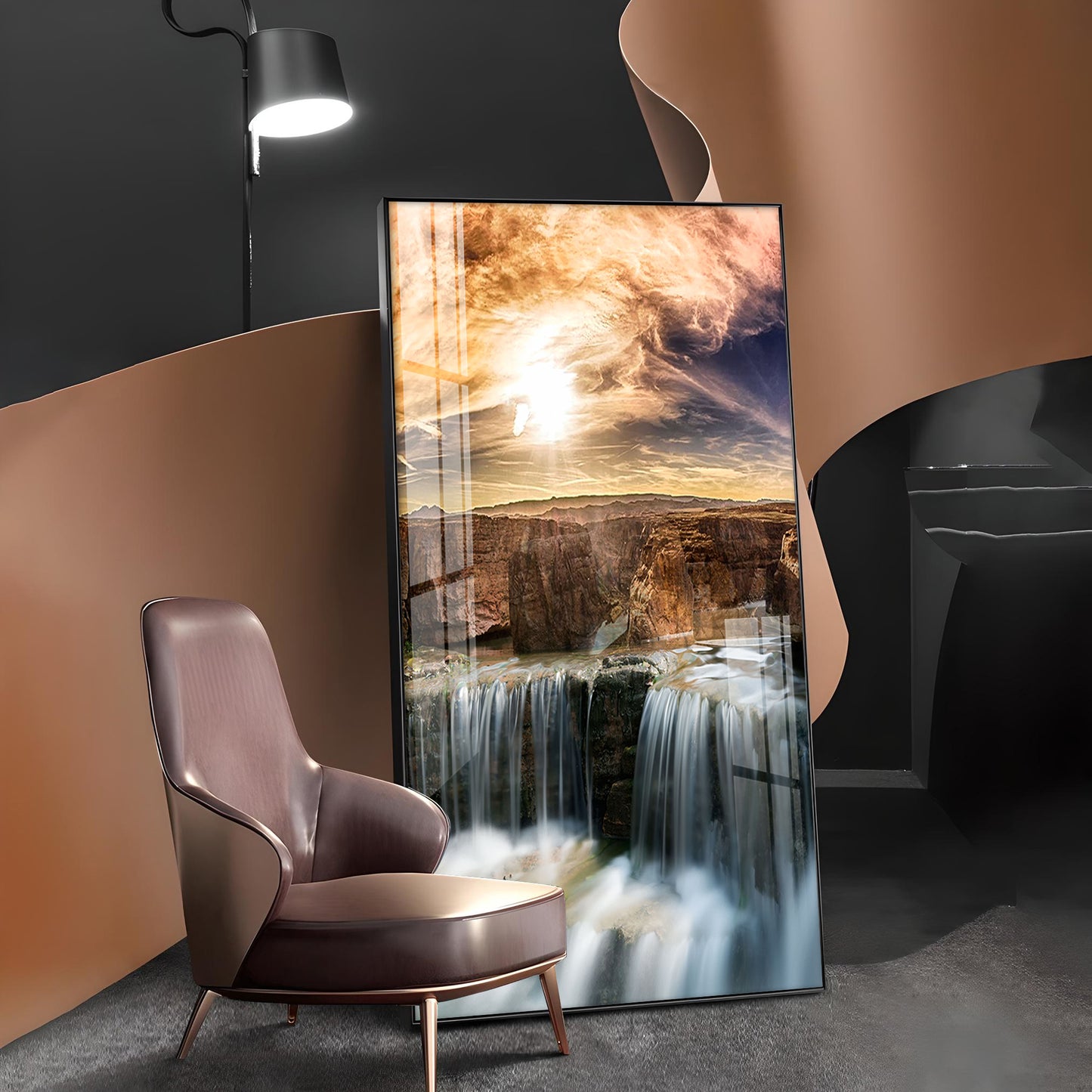 Dusk Over the Falls Glass Finish Vertical Wall Art