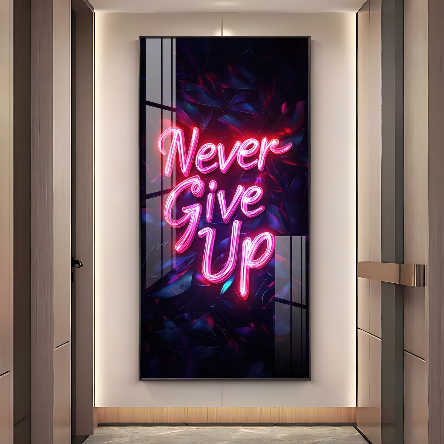 Never Give Up motivational Glass Finish Vertical Wall Art
