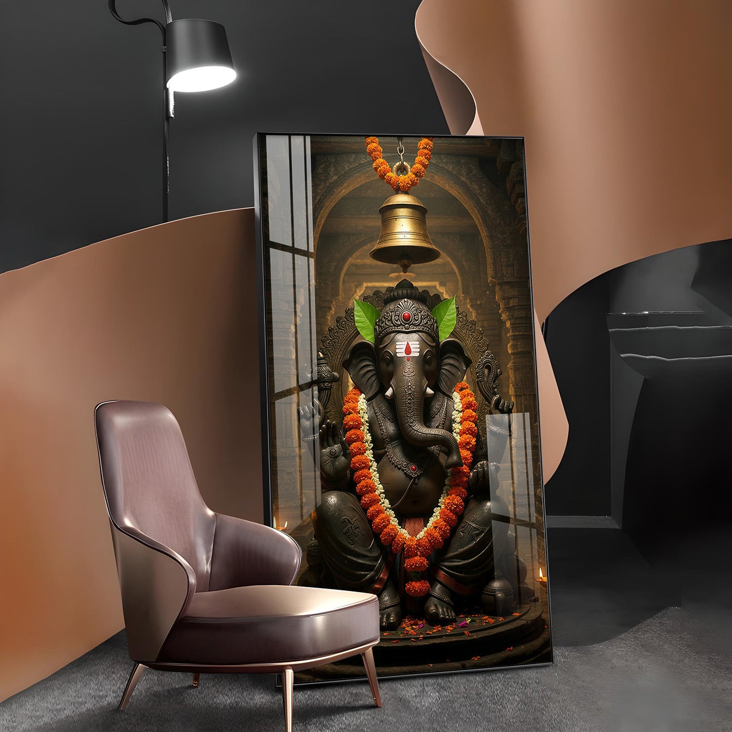 Lord Ganesh Blessing Glass Finish Vertical Wall Art