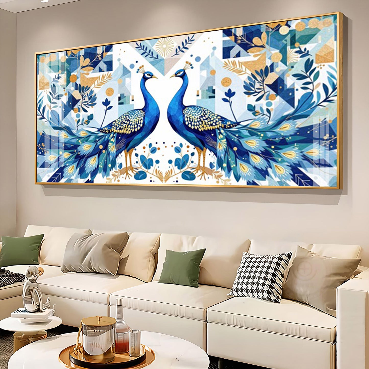 Two Peacock Looking Each Other Glass Finish Horizontal Wall Art