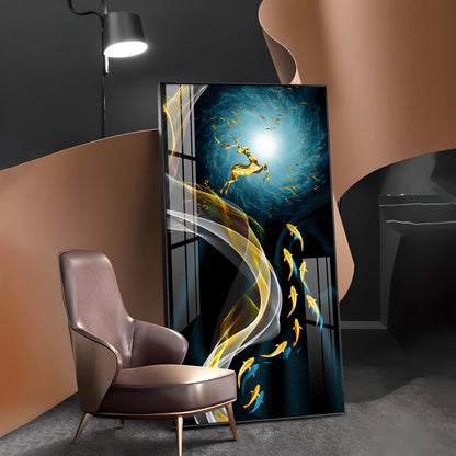 The Golden Swim Glass Finish Vertical Wall Art