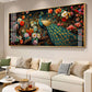 Peacock In Colorful Blossom Glass Finish Horizontal Wall Art