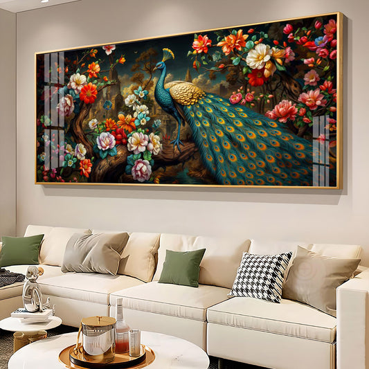 Peacock In Colorful Blossom Glass Finish Horizontal Wall Art