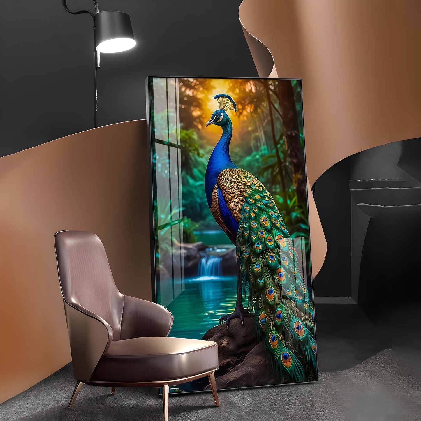 Majestic Peacock by Waterfall Glass Finish Vertical Wall Art