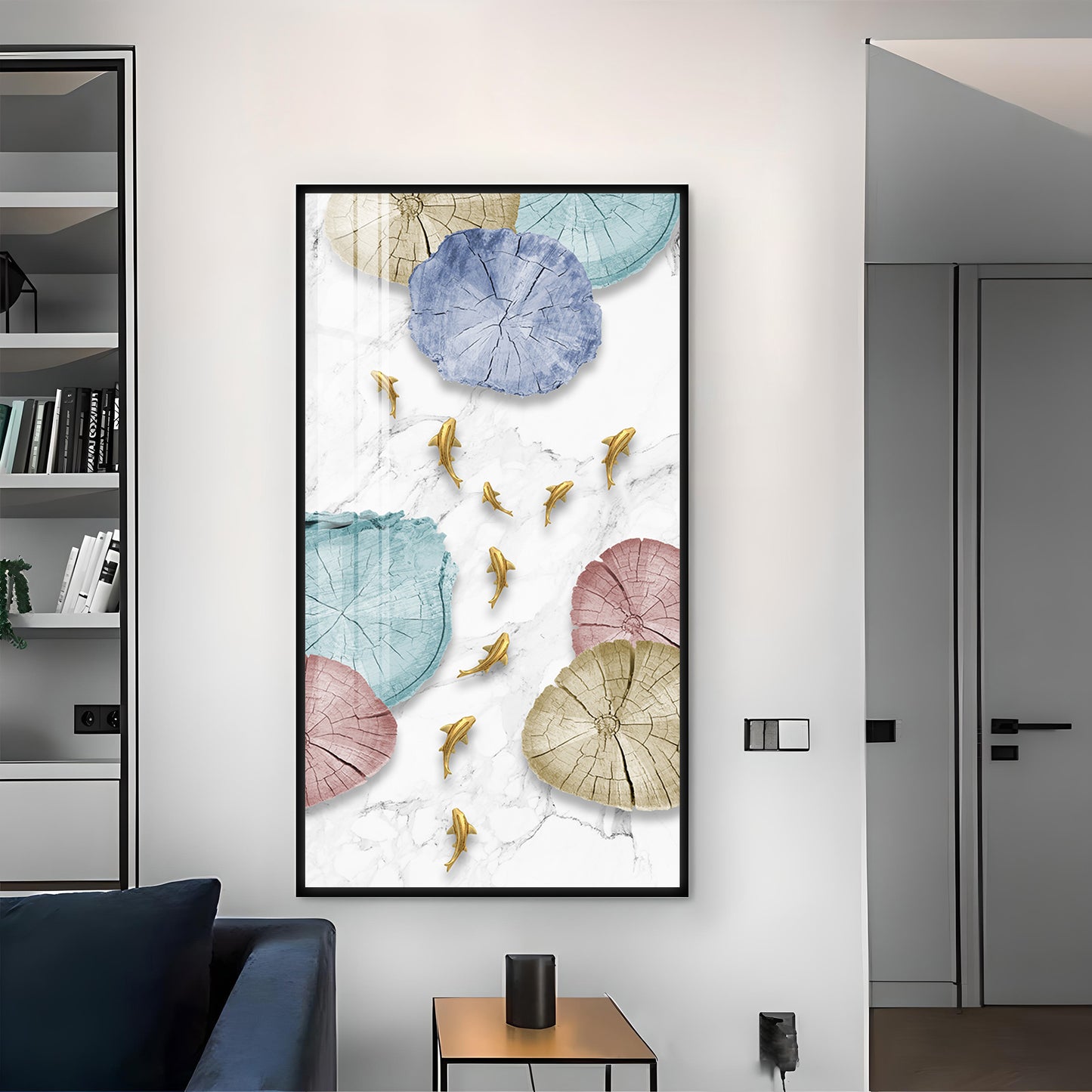 Golden Fish Umbrella Mosaic Glass Finish Vertical Wall Art